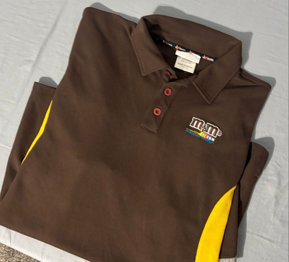 Chase Authentics NASCAR M&M’s Racing Polo Shirt Mens Brown Gold Elliot Sadler 38